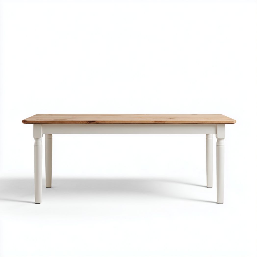 Table de jardin rectangulaire avec plateau en bois marron et pieds droits blancs