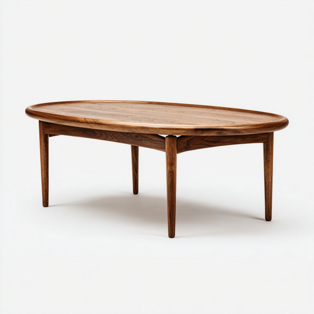 Table basse en bois brun de forme ovale avec piètement à quatre pieds