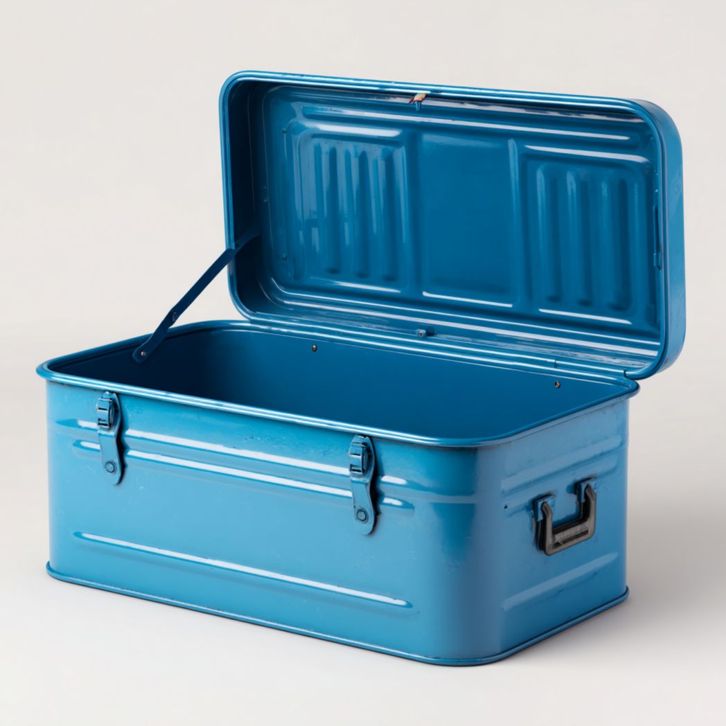 Coffre de jardin en métal bleu avec couvercle rabattable, poignées et fermoirs