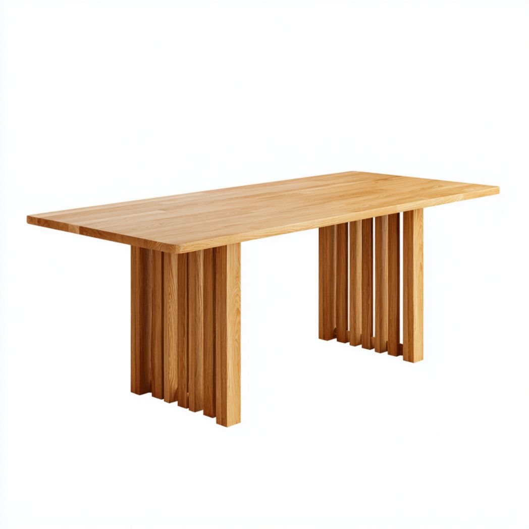 Table à manger rectangulaire structure bois intégrale avec piètement à lattes verticales couleur bois naturel