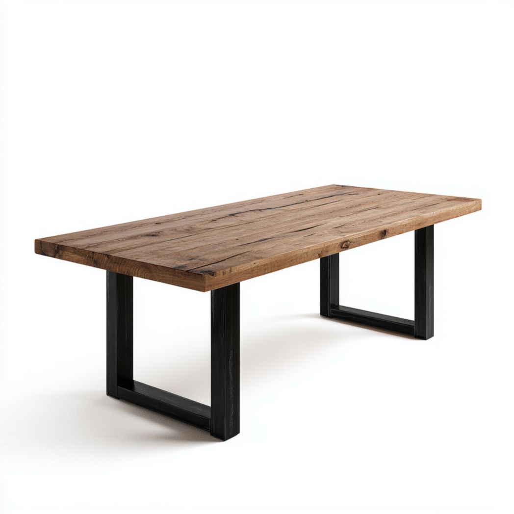 Table à manger rectangulaire plateau bois naturel avec piètement métallique noir en cadre