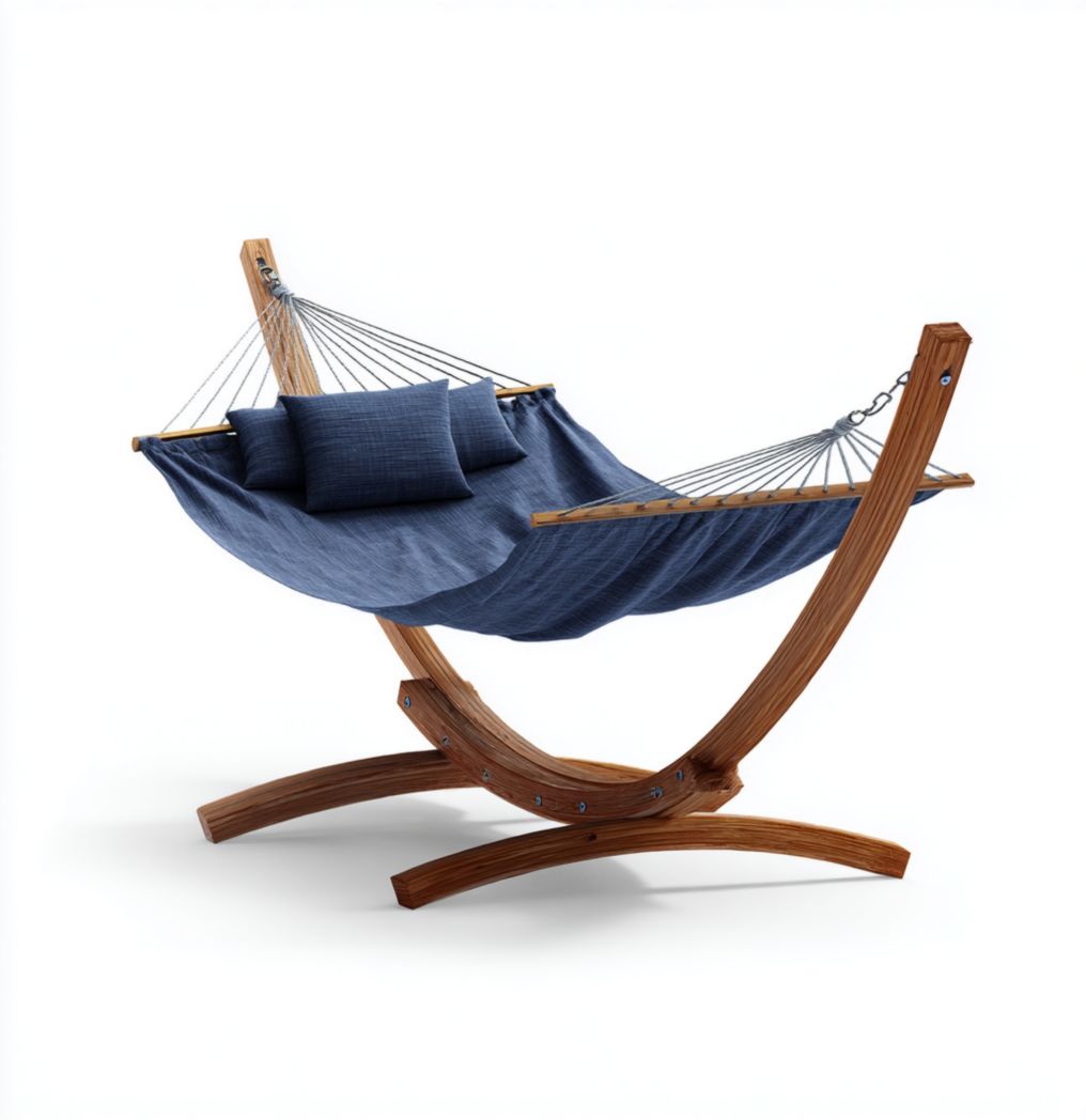 Hamac en tissu bleu foncé avec cadre incurvé en bois et appui-tête