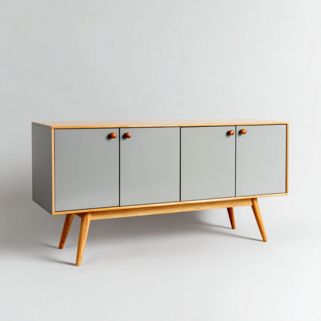 Meuble TV gris et bois naturel à quatre portes