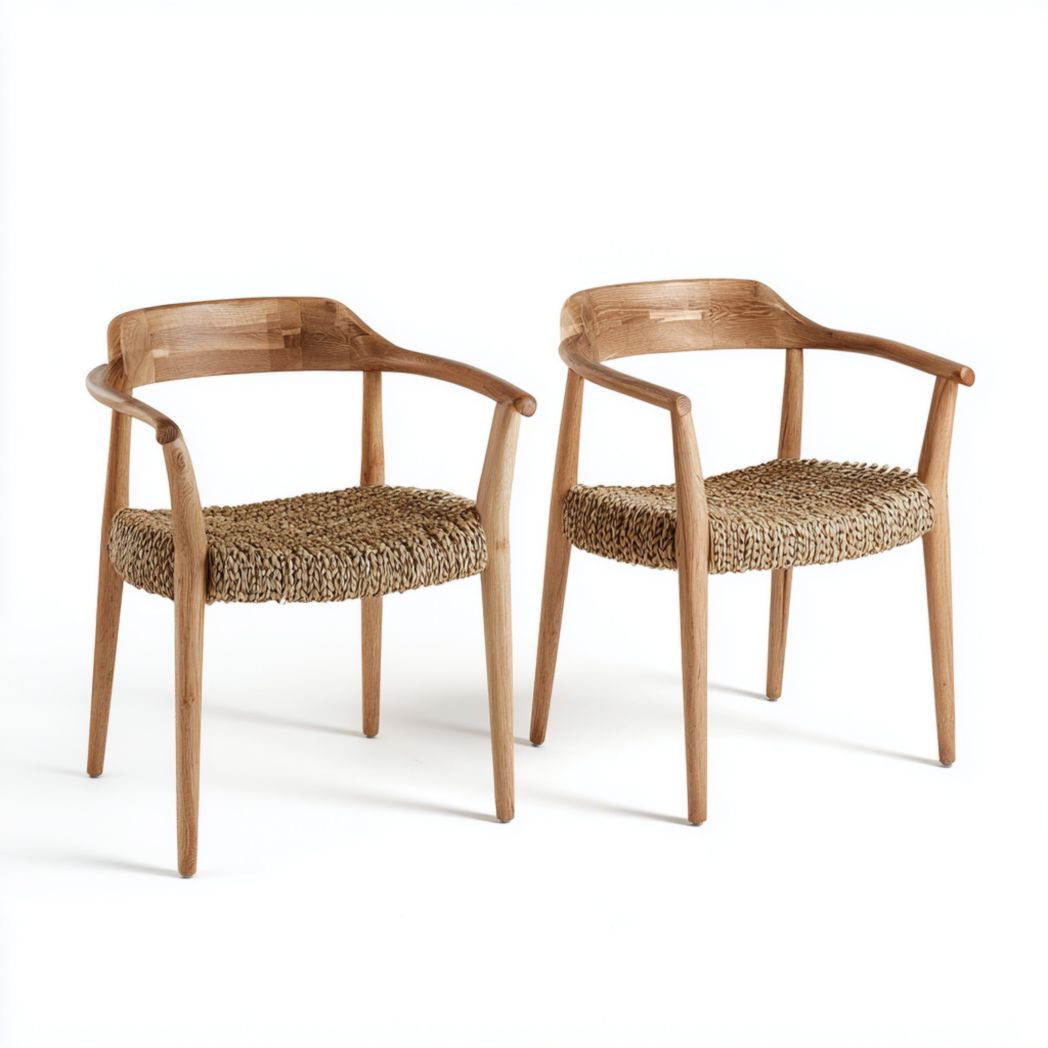 Lot de 2 chaises de jardin en bois naturel et assise en rotin
