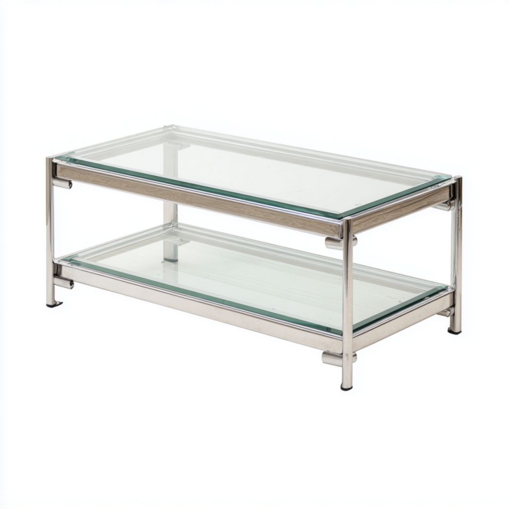 Table basse rectangulaire en verre à deux niveaux et cadre en acier inoxydable