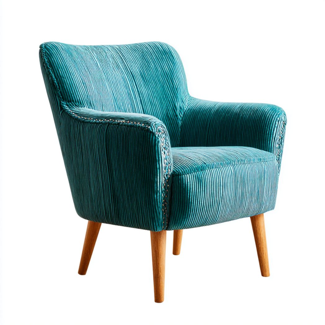 Fauteuil en velours côtelé bleu-vert avec dossier courbé et pieds coniques en bois