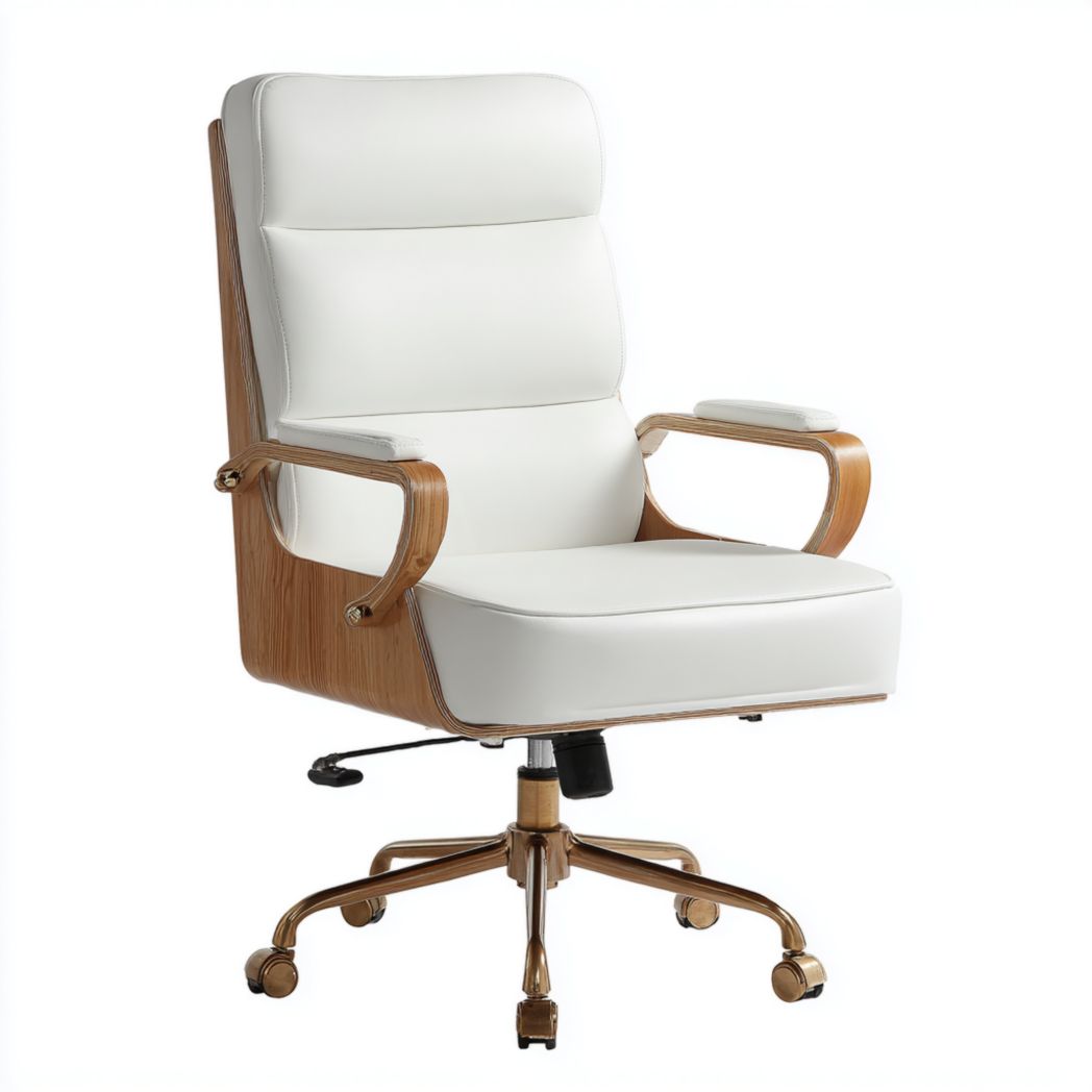 Chaise de bureau haute en cuir blanc et structure bois