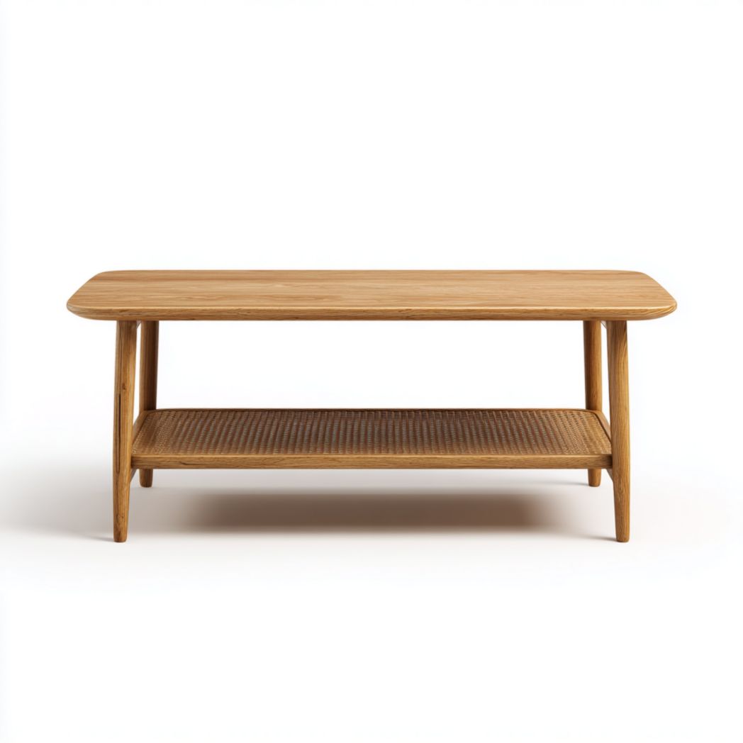 Table basse rectangulaire en bois naturel avec étagère en rotin
