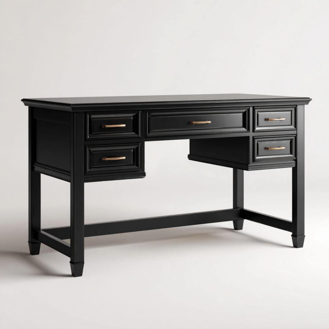 Bureau rectangulaire noir | blocs de tiroirs latéraux · tiroir central · poignées métalliques