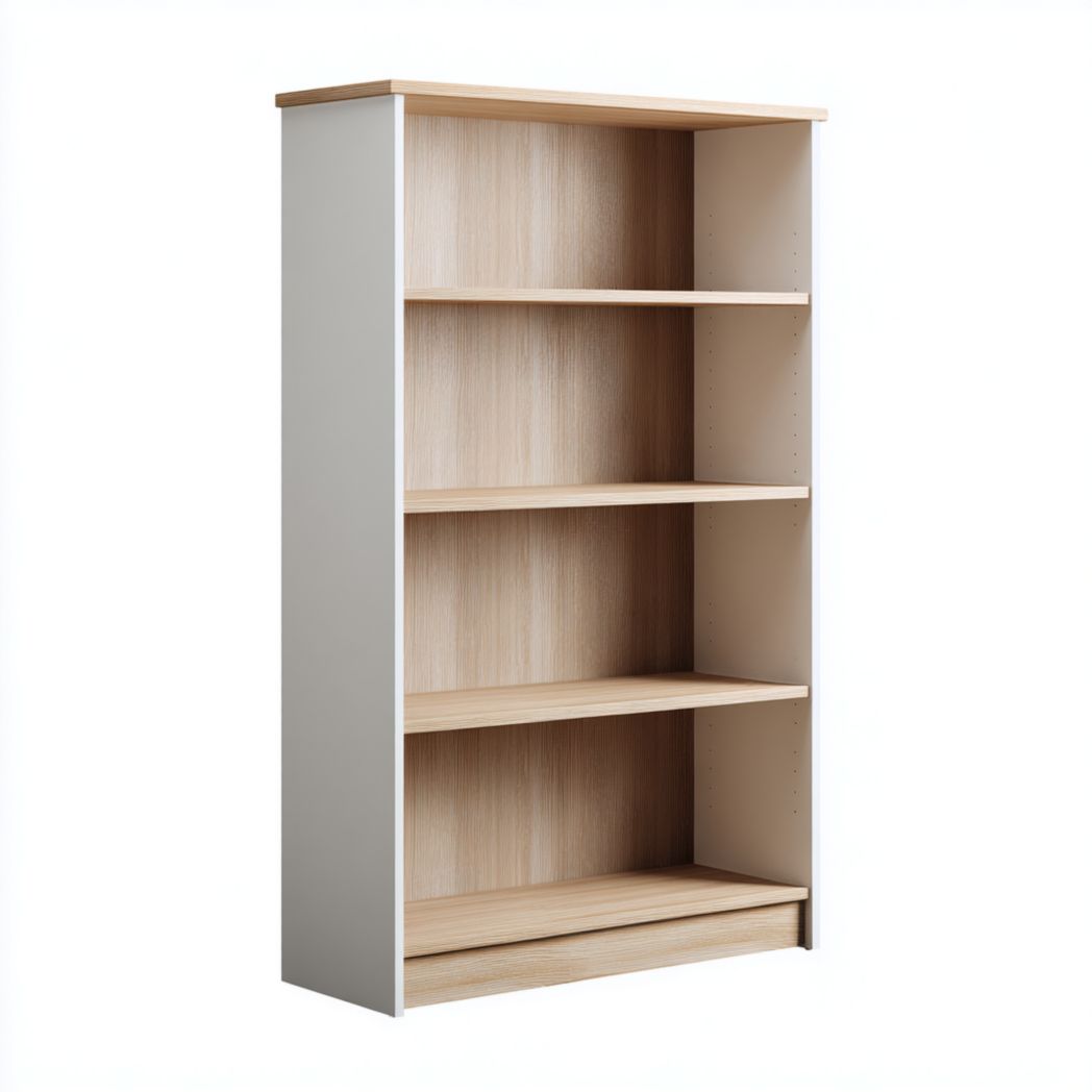 Bibliothèque rectangulaire en bois clair avec côtés blancs et quatre étagères ouvertes