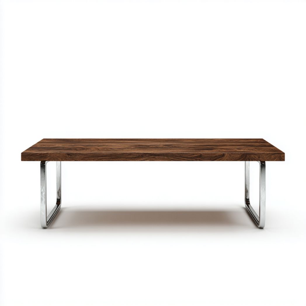 Table basse rectangulaire en bois foncé avec piètement métallique argenté