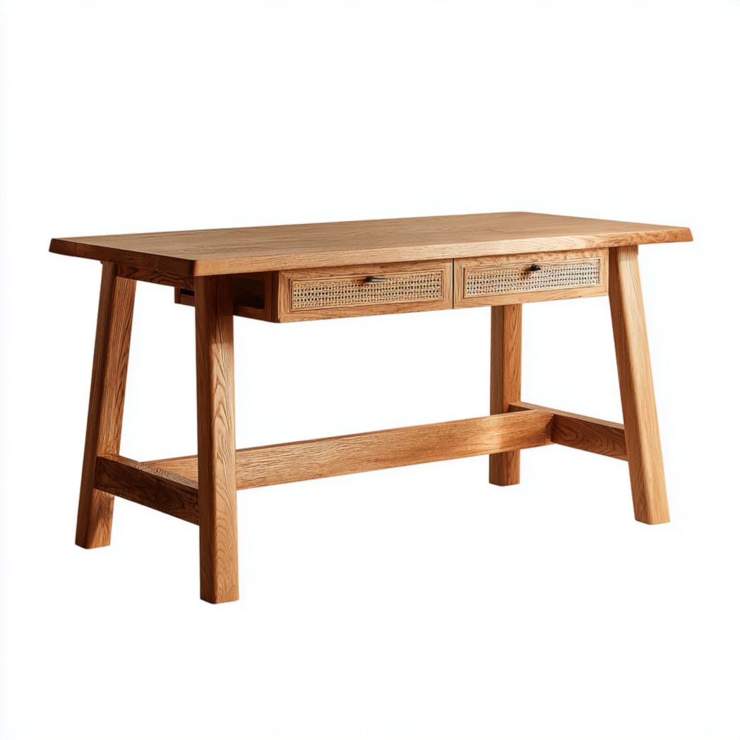 Bureau rectangulaire en bois clair avec deux tiroirs