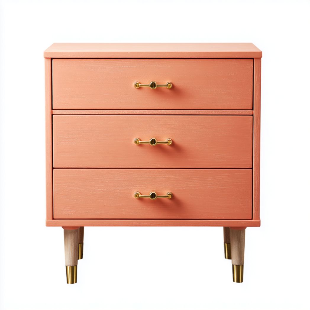 Commode 3 tiroirs | caisson en bois laqué orange | poignées métalliques | pieds bois inclinés avec embouts dorés