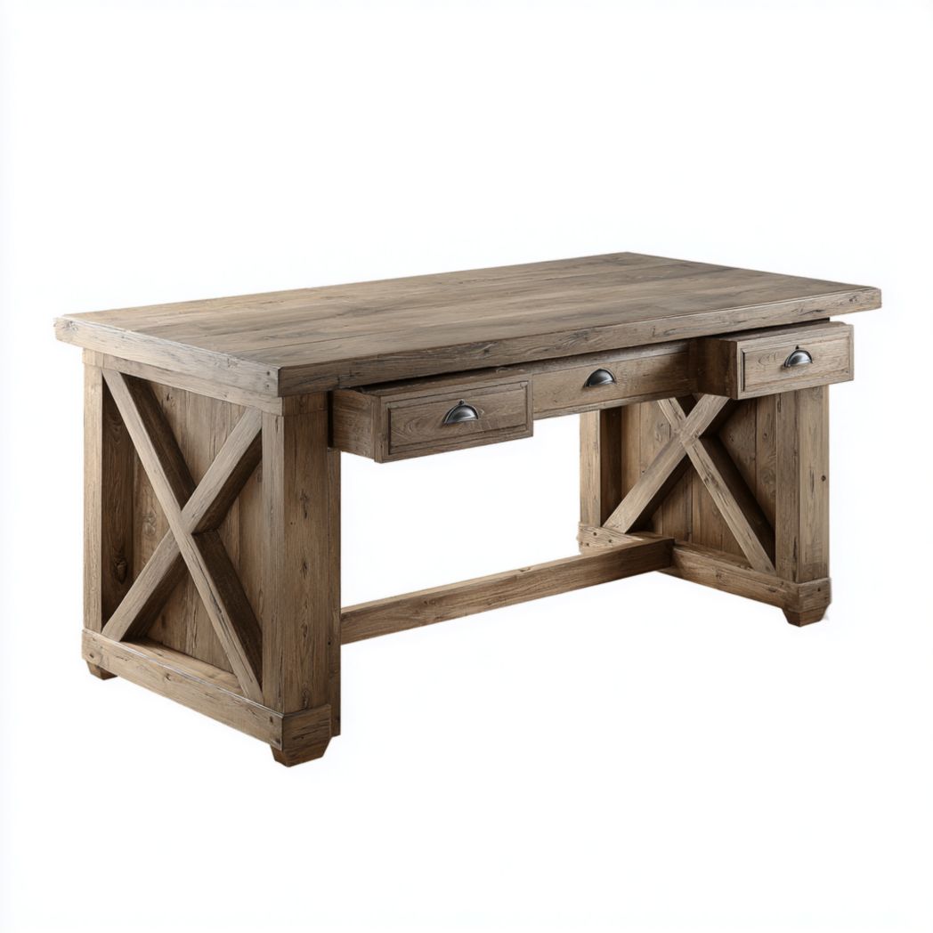 Console en chêne couleur bois naturel avec trois tiroirs et côtés croisés