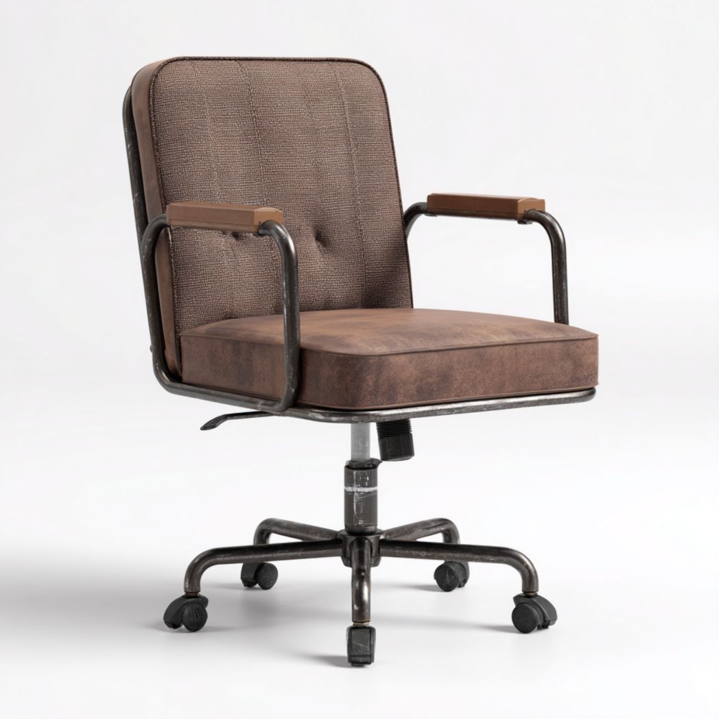 Chaise de bureau pivotante en tissu brun et structure métallique