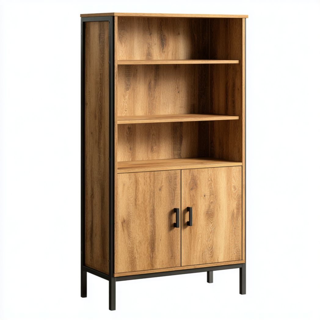 Meuble à chaussures en bois clair et métal noir avec étagères ouvertes et portes basses