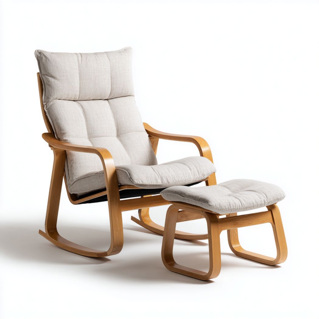 Fauteuil à bascule en tissu beige clair avec cadre en bois courbé et repose-pieds assorti