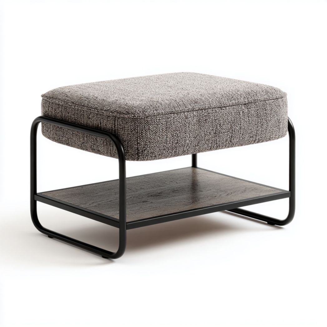 Tabouret rectangulaire en tissu gris avec structure métallique et plateau inférieur