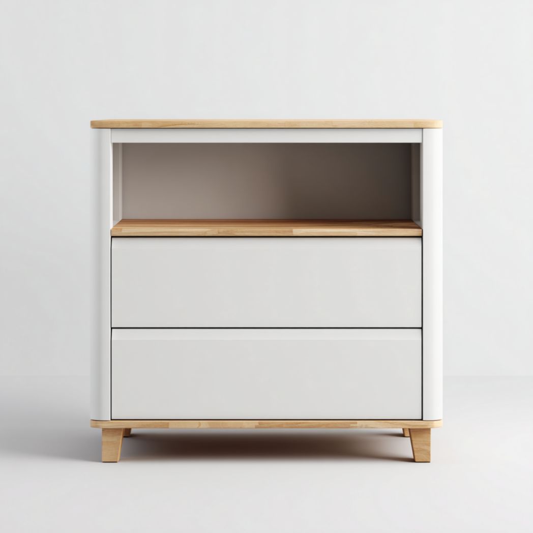Commode 2 tiroirs | caisson blanc avec plateau et base bois naturel | structure rectangulaire avec niche ouverte