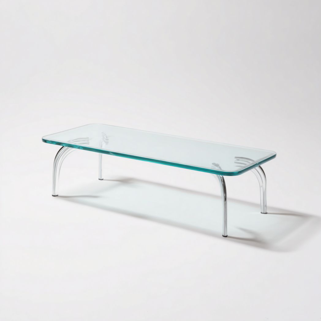 Table basse rectangulaire en verre transparent avec pieds métalliques courbés