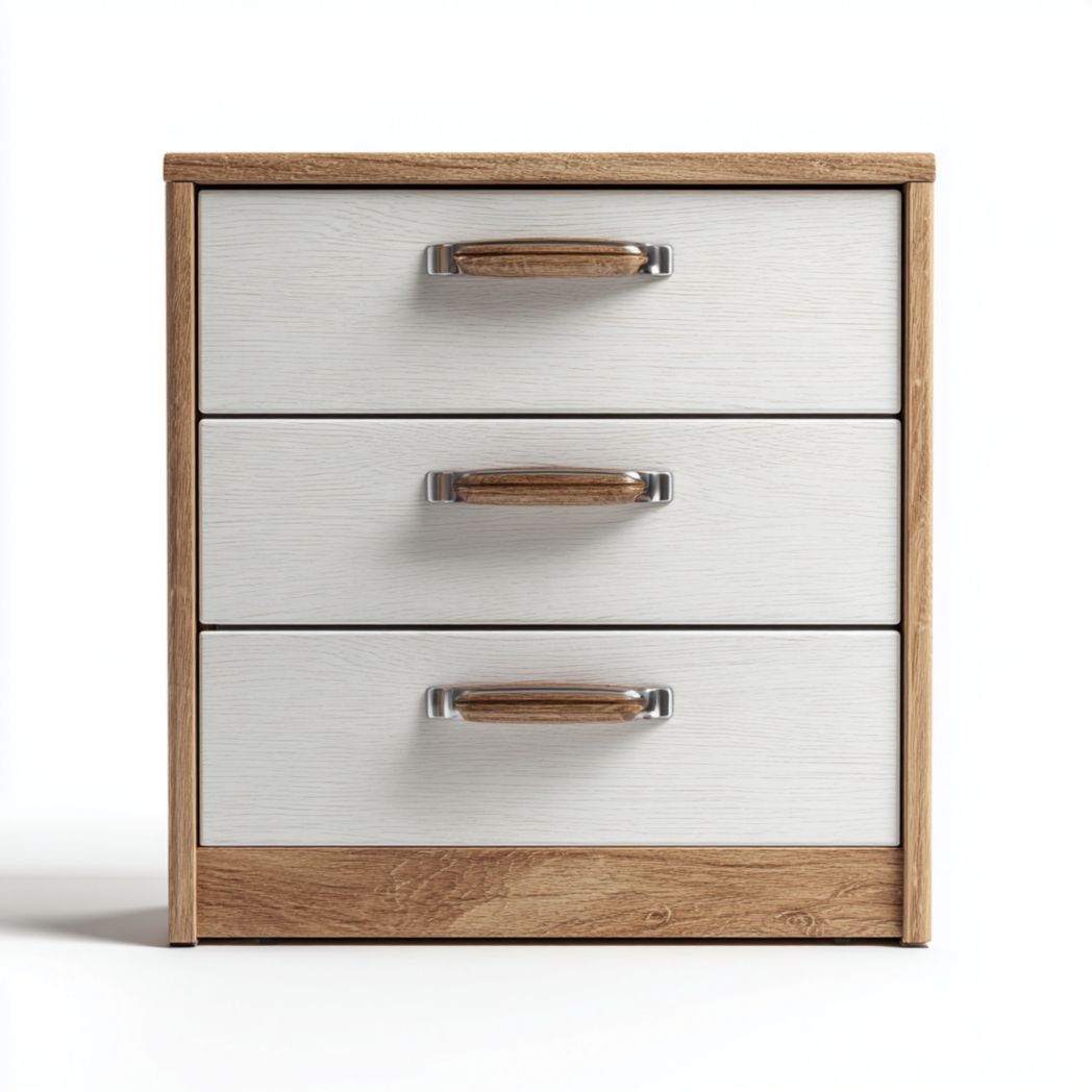 Meuble à chaussures en bois gris clair à trois tiroirs et bordures bois naturel