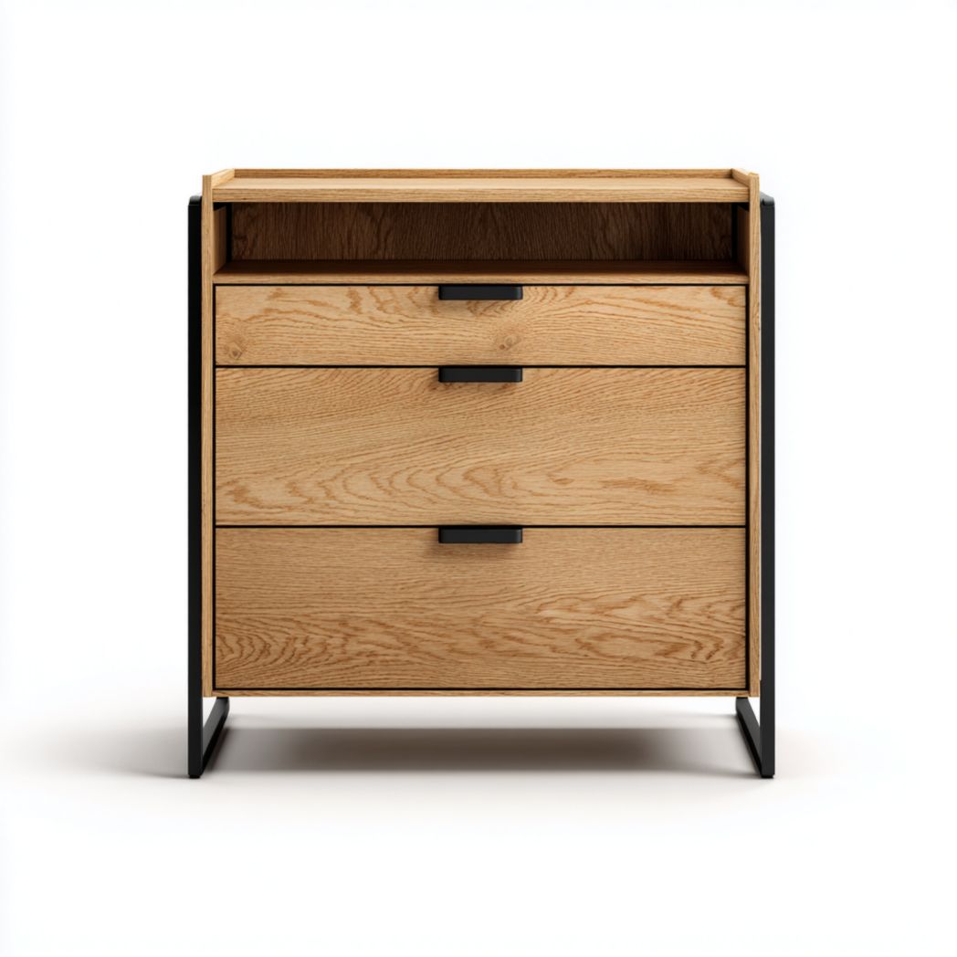 Meuble à chaussures en bois clair avec cadre en métal noir et trois tiroirs