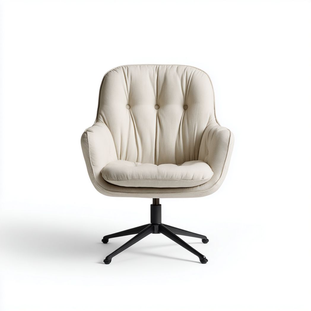 Chaise de bureau pivotante | Revêtement en tissu beige, dossier capitonné, piètement noir à quatre pieds