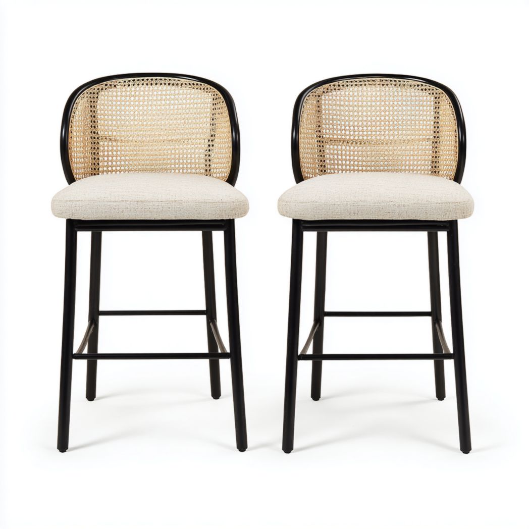 Lot de 2 tabourets hauts en rotin avec dossier, assise en tissu beige et structure en métal noir