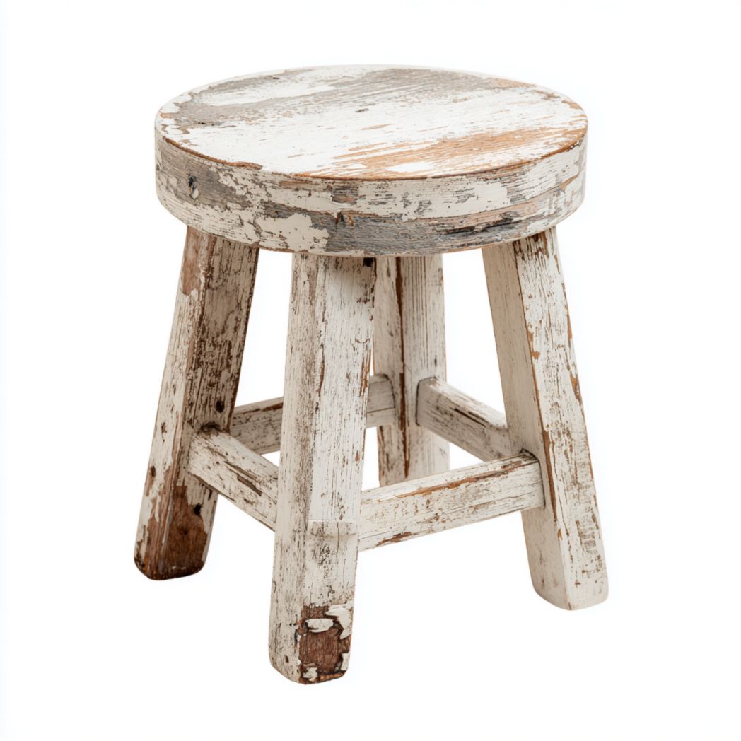 Tabouret rond en bois, finition blanche vieillie, 4 pieds avec traverses