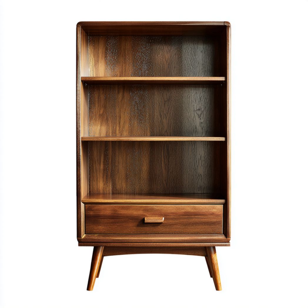 Étagère en bois brun foncé avec tiroir et étagères ouvertes