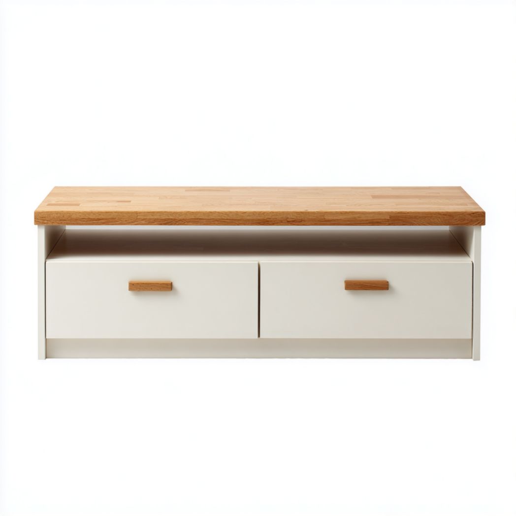 Meuble TV blanc et bois avec deux tiroirs
