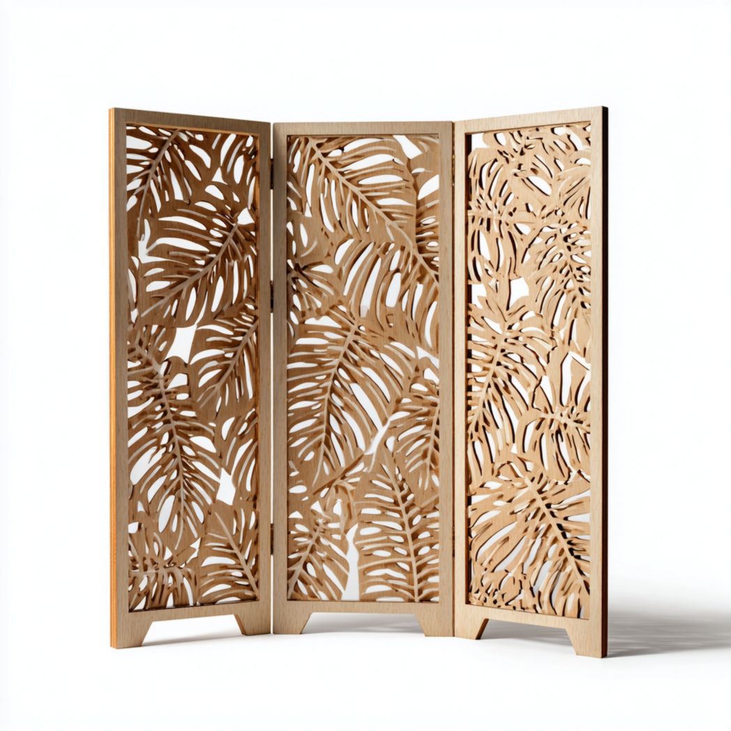 Paravent 3 panneaux ajourés — cadre en bois clair et panneaux sculptés à motifs de feuilles, structure rectangulaire pliante
