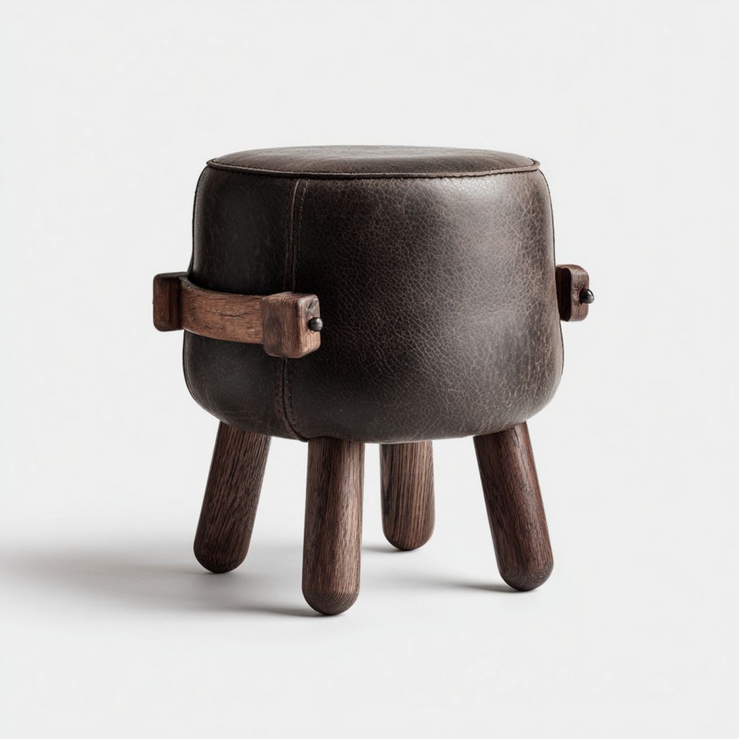 Tabouret rond en cuir brun foncé avec pieds en bois