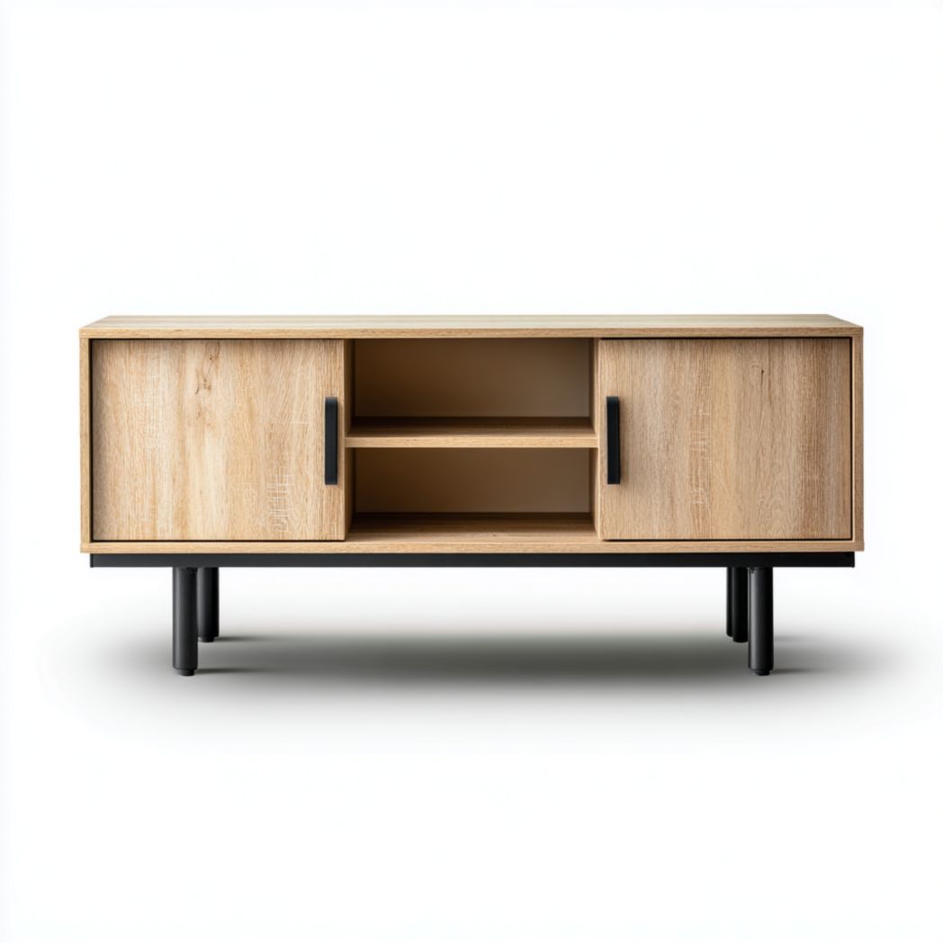 Meuble TV en bois naturel avec deux portes et étagères centrales