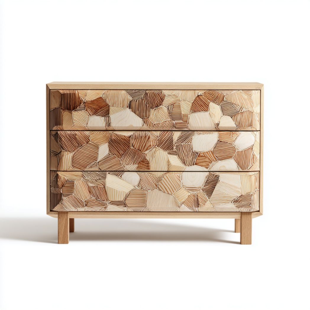 Commode 3 tiroirs | façades géométriques en bois assemblé | caisson rectangulaire | pieds droits en bois