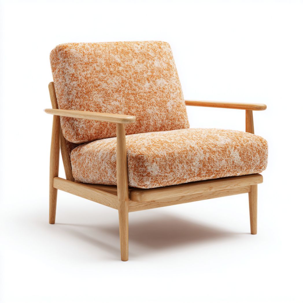 Fauteuil en tissu chiné orange et blanc avec cadre en bois, accoudoirs et pieds assortis