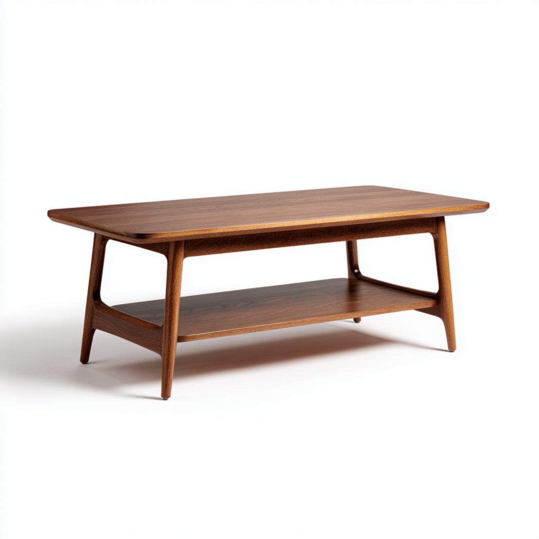 Table basse rectangulaire en bois couleur noyer avec plateau inférieur