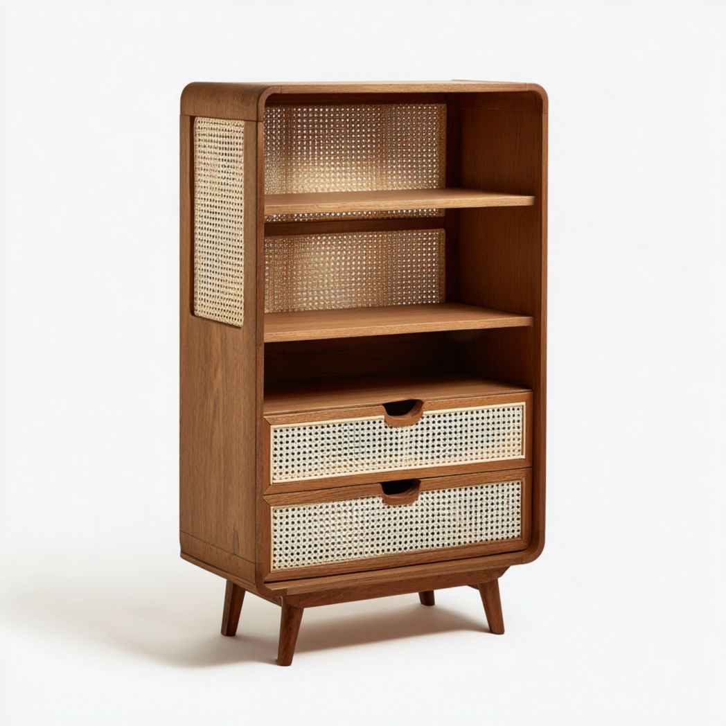 Bibliothèque en bois naturel avec deux tiroirs à façade en cannage et étagères ouvertes