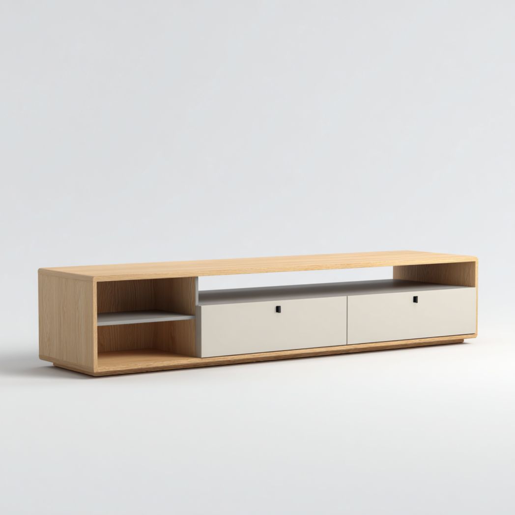 Meuble TV en bois clair avec deux tiroirs