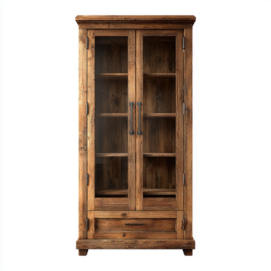 Vitrine en bois brun vintage avec deux portes vitrées