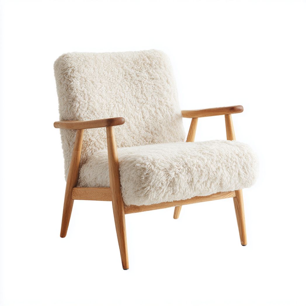 Fauteuil en tissu bouclette écru avec structure en bois