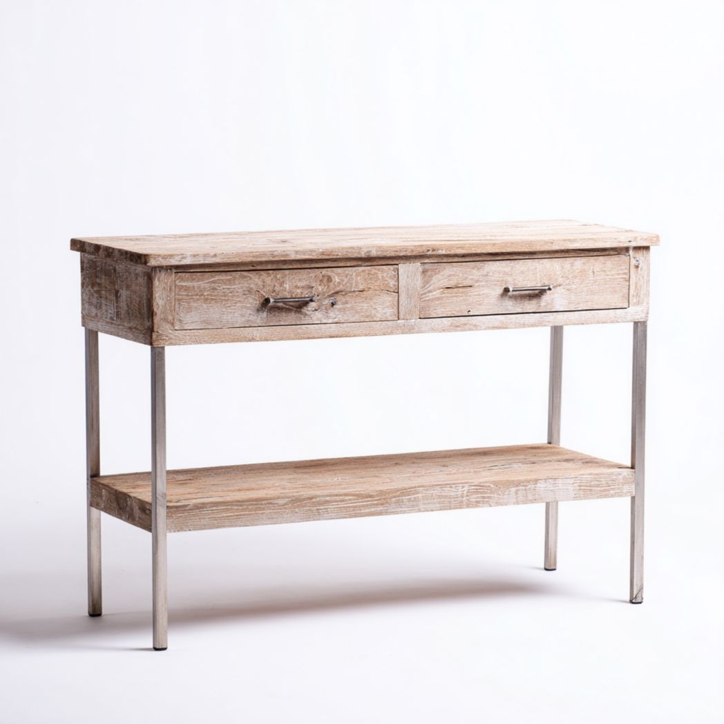 Console en bois naturel et métal avec deux tiroirs