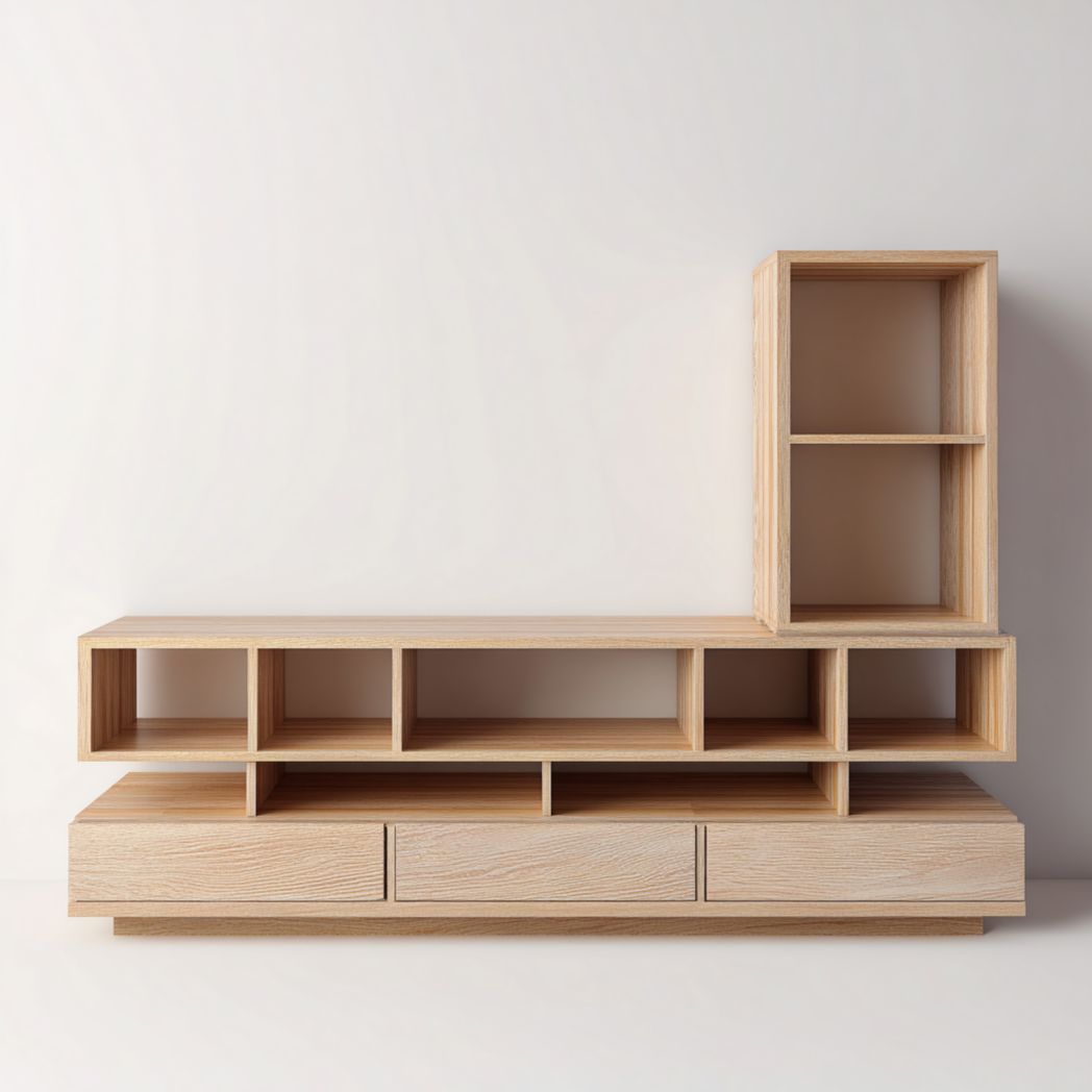 Meuble TV en bois naturel à étagères et tiroirs multiples