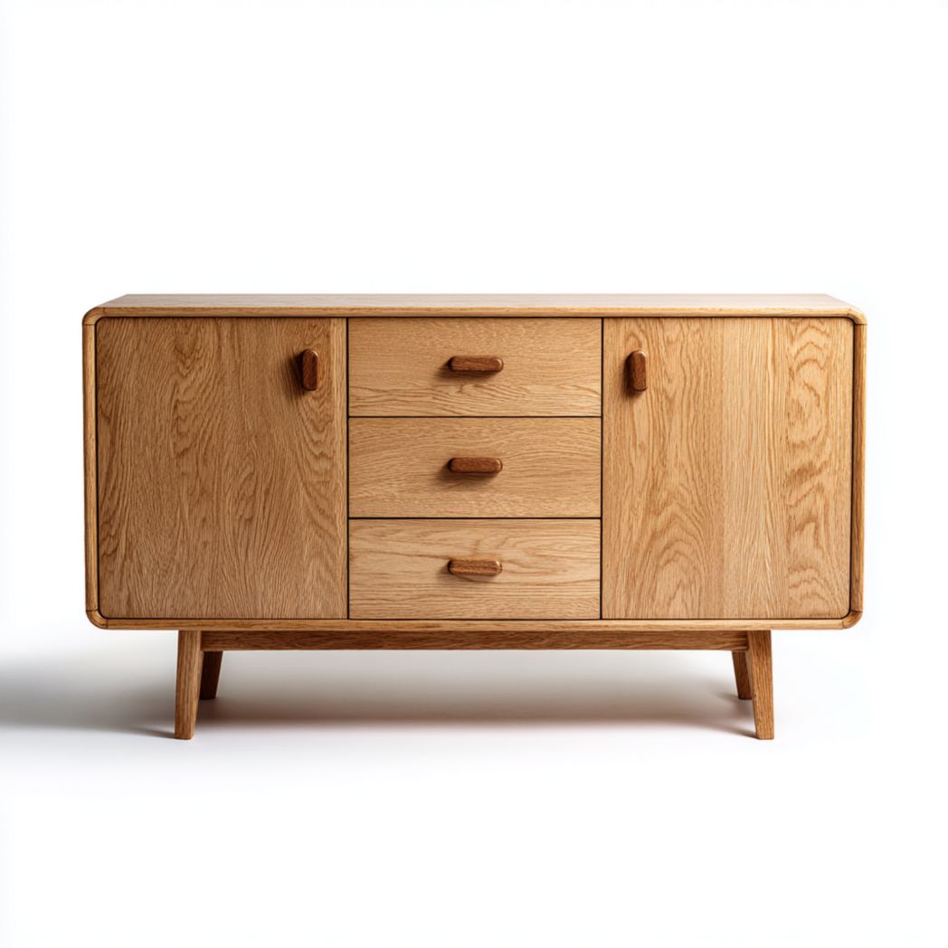 Buffet 2 portes et 3 tiroirs — structure en bois clair avec angles arrondis et poignées en bois