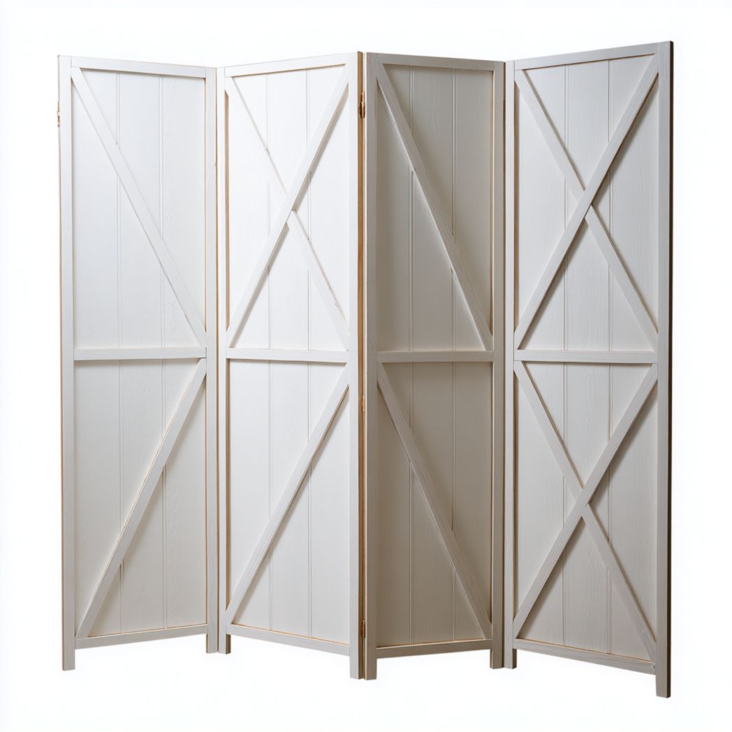 Paravent pliant à quatre panneaux cadre en bois blanc avec motif croix en X