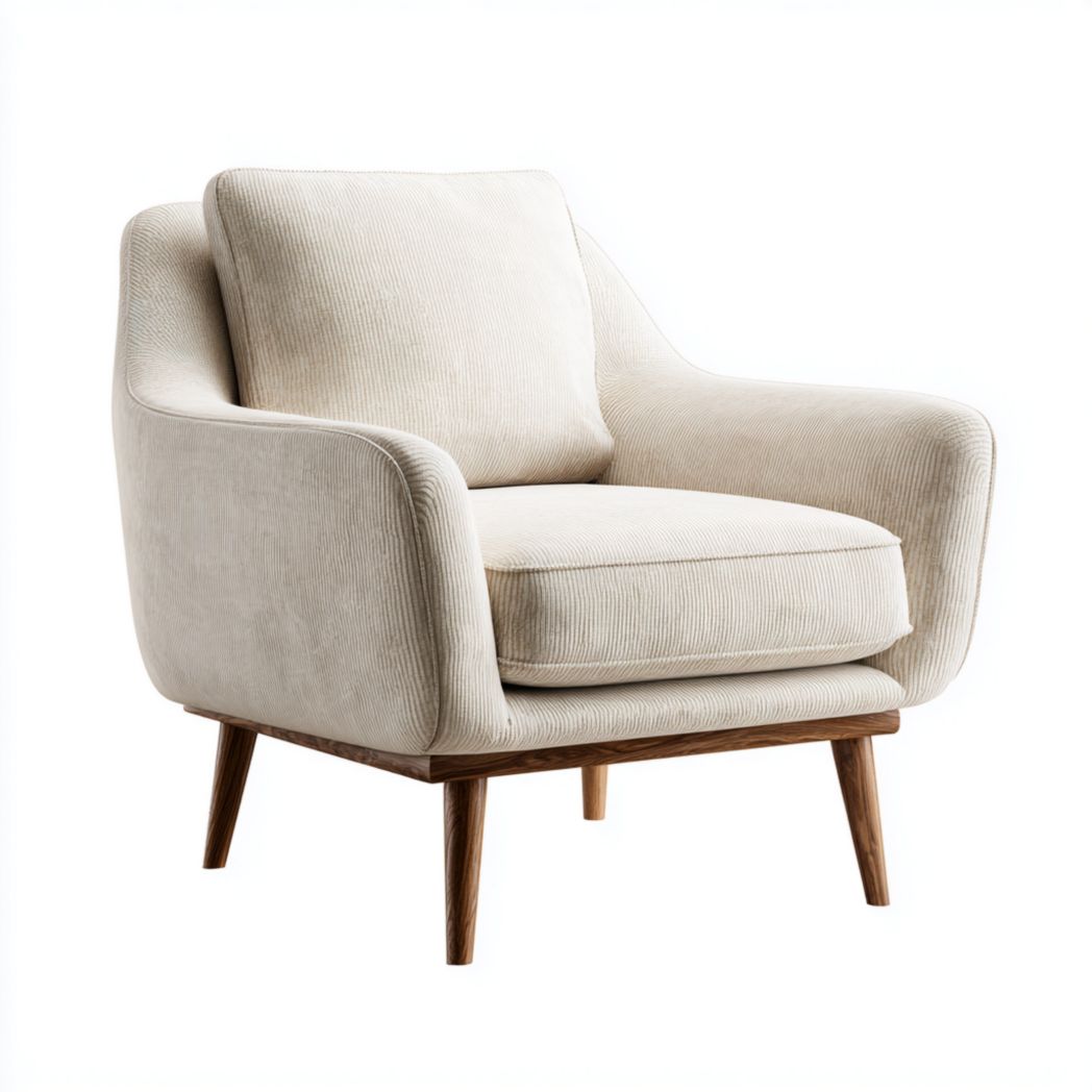 Fauteuil en tissu côtelé beige avec dossier carré, assise épaisse et pieds en bois