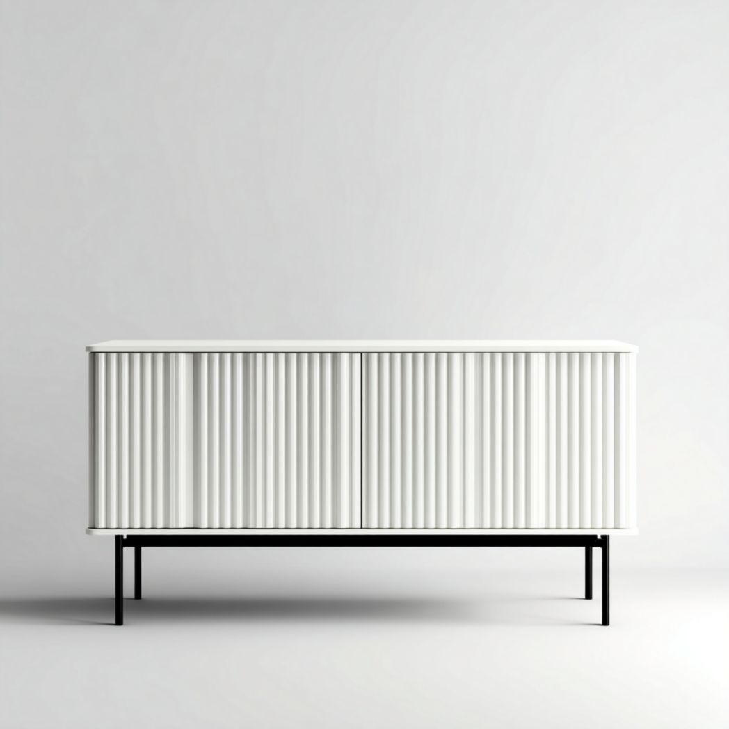 Meuble TV blanc à rainures verticales avec pieds en métal