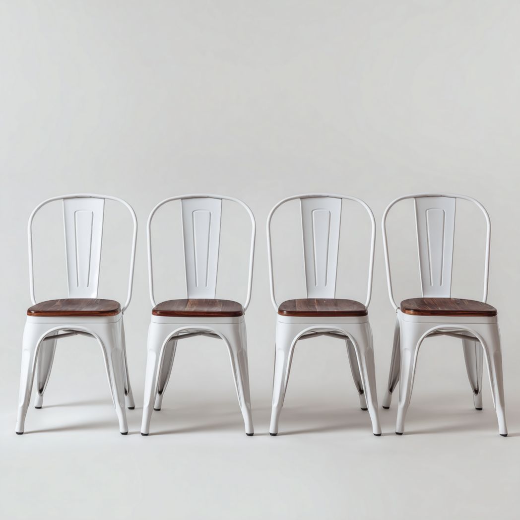Lot de 4 chaises en métal blanc avec assise en bois