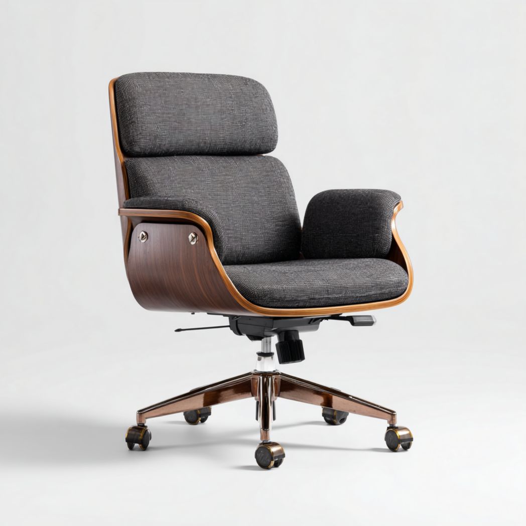 Chaise de bureau pivotante en tissu gris foncé et placage noyer