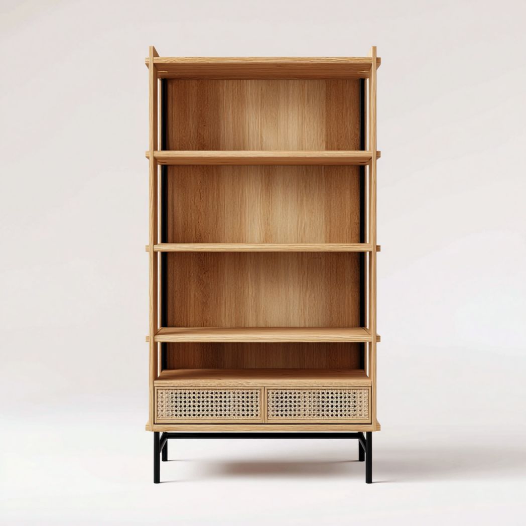 Bibliothèque en bois avec tiroirs en rotin et pieds en métal noir